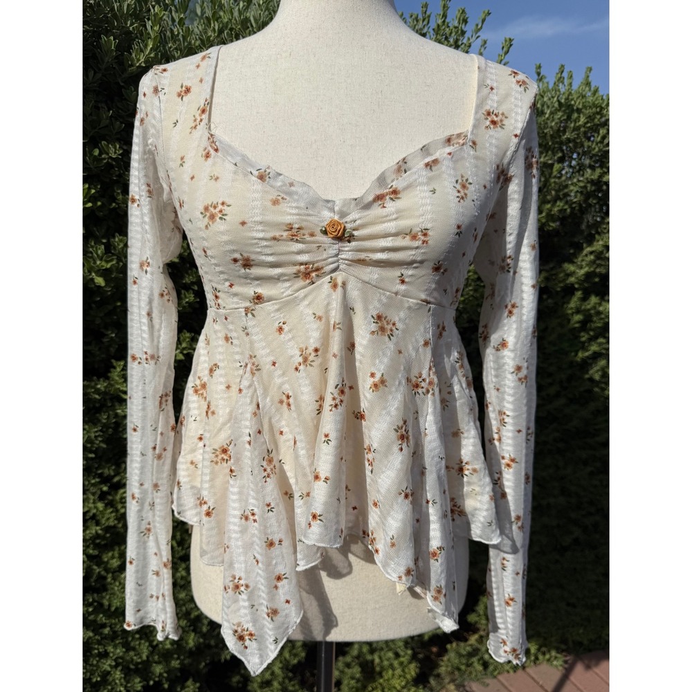 RSQ Floral Mesh Handkerchief Hem Peplum Top Rosette Sweetheart Long Sleeve Small